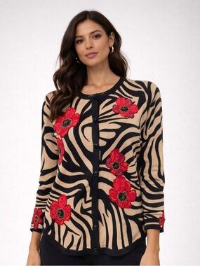 THE COLLECTIVE WORKS OF BEREK L Button Cardigan Brown Zebra Print Flower Sweater